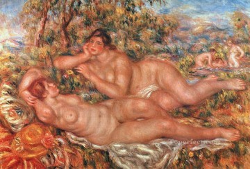 three women at the table by the lamp Painting - the great bathers Pierre Auguste Renoir